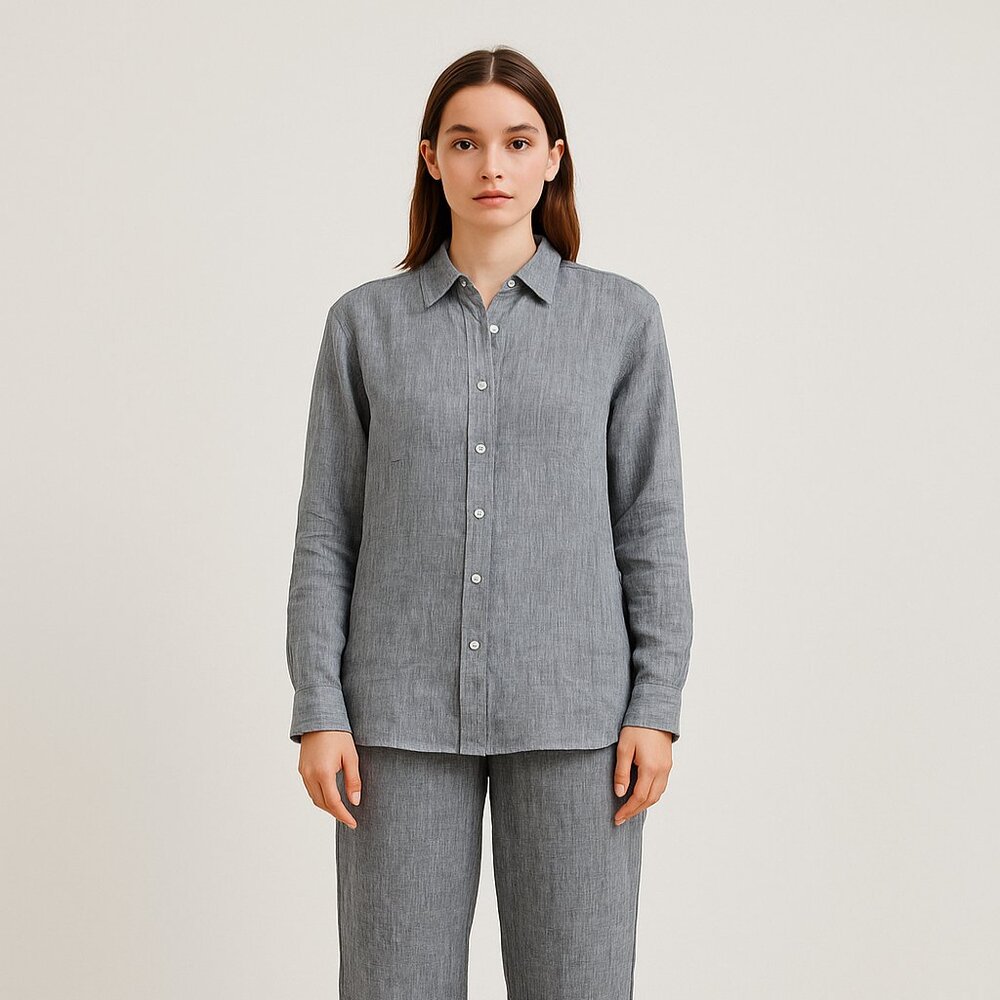 Eileen Fisher gray organic linen button down shirt size XXS